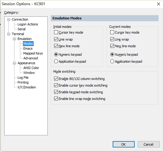 SecureCRT Session Options showing Terminal, Emulation, Modes, and New line mode enabled