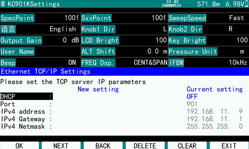 KC901K Ethernet TCP/IP settings: DHCP OFF, port 901, address 192.168.11.9, gateway 192.168.11.1, netmask 255.255.255.0